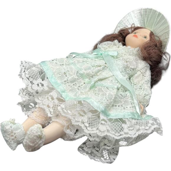 Porcelain Girl Doll in Mint Green Lace Dress with Wide Brim Hat - Picture 3 of 8